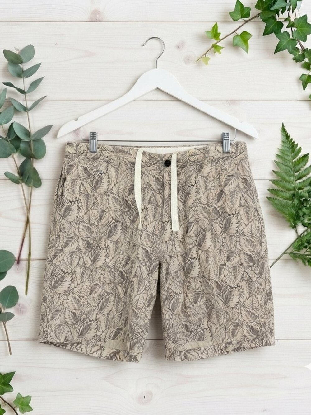 Murano Baird McNutt Linen Shorts Mens 40 Beige Floral Flat Front Summer Bermuda